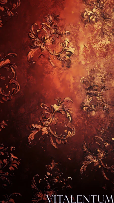 Baroque floral scrollwork on molten copper textured field.