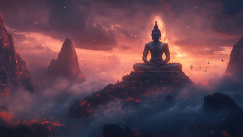 Monumental Buddha statue illuminated by volcanic twilight haze