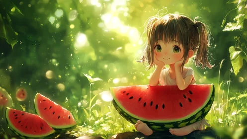 Summer anime girl with watermelon in glowing garden.