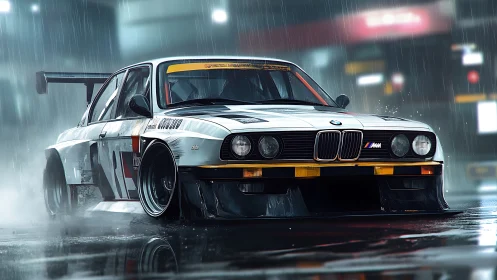 Retro BMW race car sliding through neon city rainstorm.