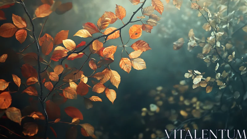 Autumn leaves on branches in soft atmospheric forest light.