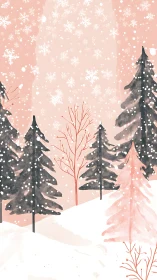 Snowy evergreen grove under soft blush winter sky.