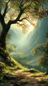 Ancient Tree Frames Mountain Valley in Golden Mist.