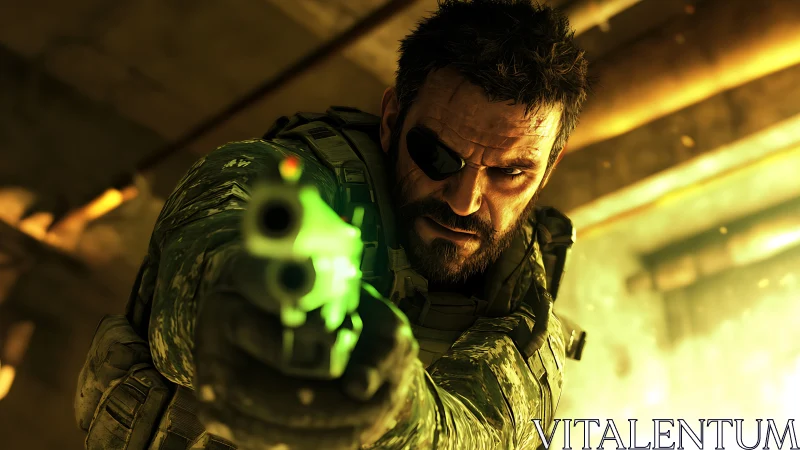 Armed soldier with eyepatch aiming handgun in yellow light.