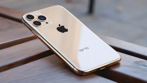 iPhone 11 Pro Max in gold finish displayed on wooden surface.