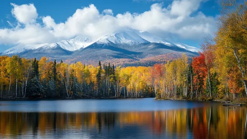 Snow-capped alpine range above autumn birch forest and lake