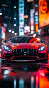 Sleek red sports car glowing in rainy neon city lights.