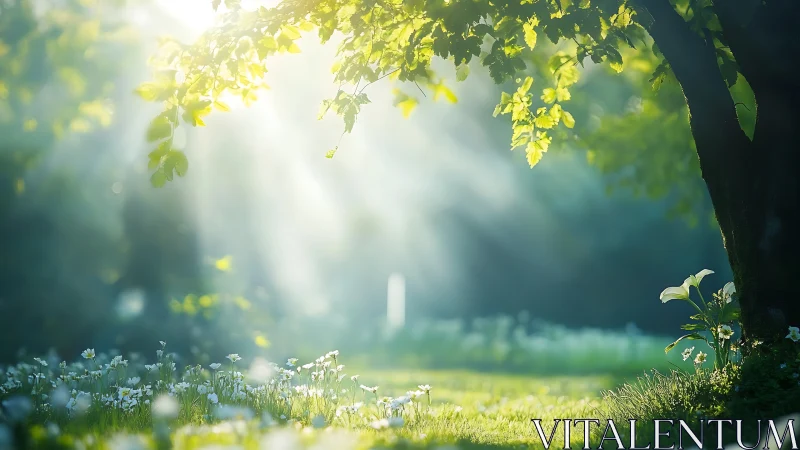 Sunlit Garden Scene with Tree and Flowers in Dreamy Soft Focus.