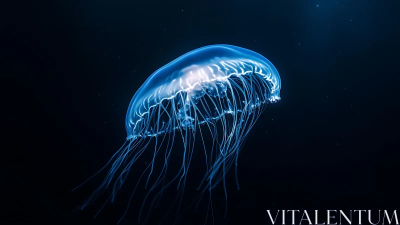 Luminous jellyfish drifts through dark ocean depths in silence