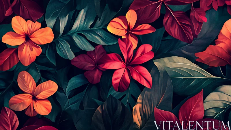 Vibrant tropical flowers bloom amid rich emerald foliage in digital art