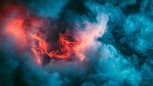 Contrasting red and cyan smoke plumes form a central vortex