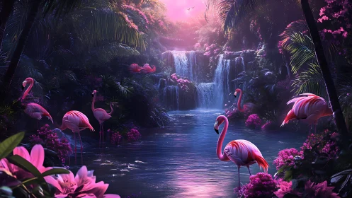 Flamingos stand in luminous tropical lagoon below waterfalls