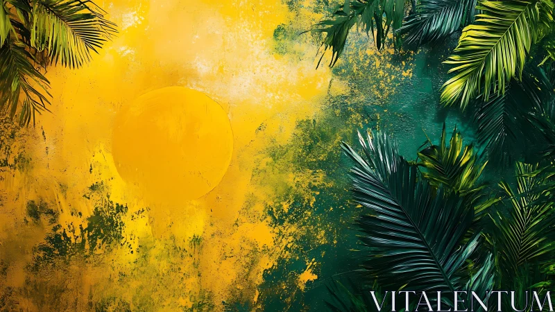 Digital tropical sunfield with lush palm frond framing composition.