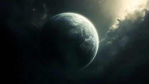 Icy exoplanet drifts through luminous stormlit nebula void.