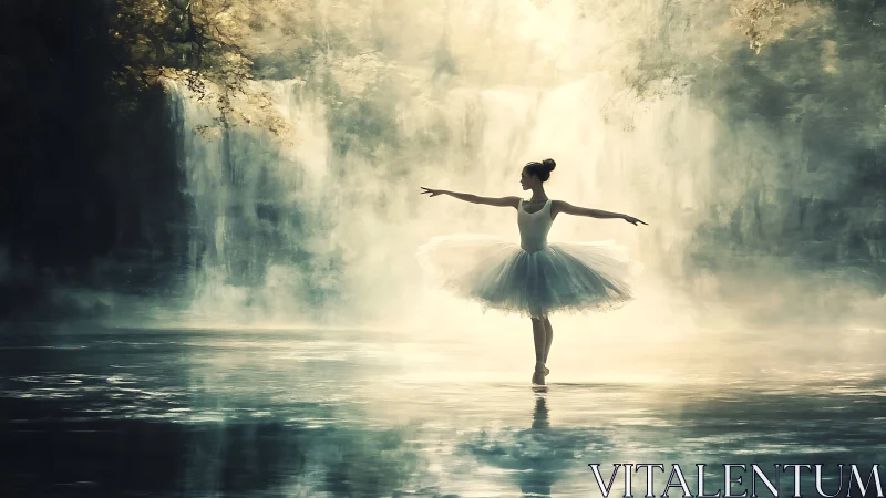 Ballerina balances on misted lake before ethereal waterfall.