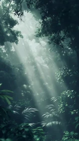 Misty Forest Canopy With Sunlight Penetration.