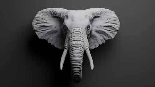 Realistic Elephant Head Sculpture in Monochrome Minimalist Style.