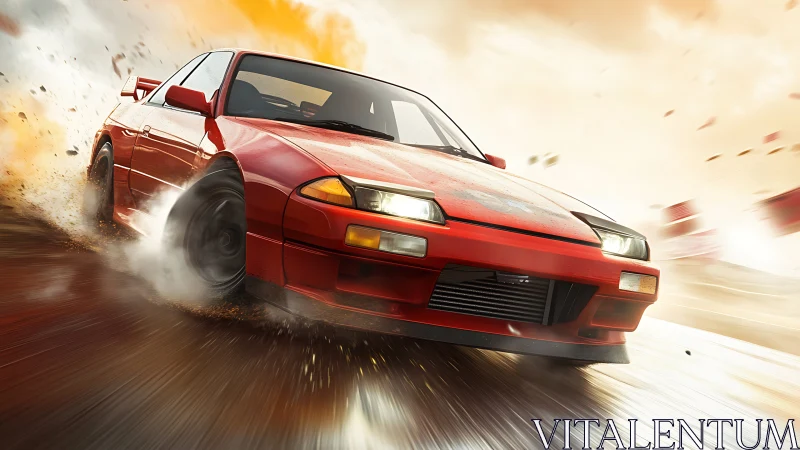 Dynamic drift scene with red sports car in motion blur focus.