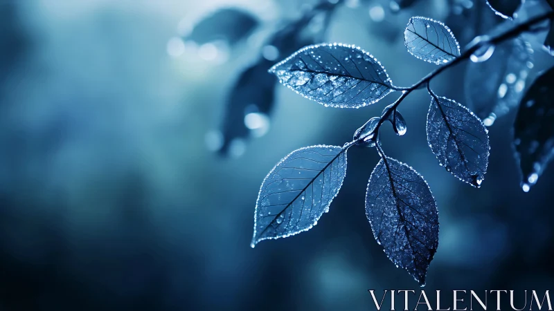 Soft moonlit raindrops rest gently on cool blue leaves