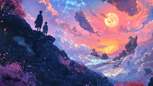 Silhouetted travelers watch luminous fantasy sunset sky