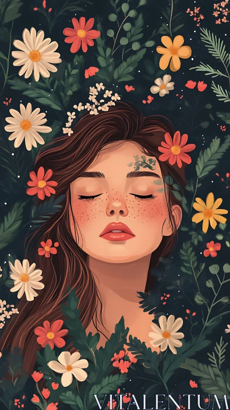 Dreamy freckled girl resting in a gentle midnight garden.