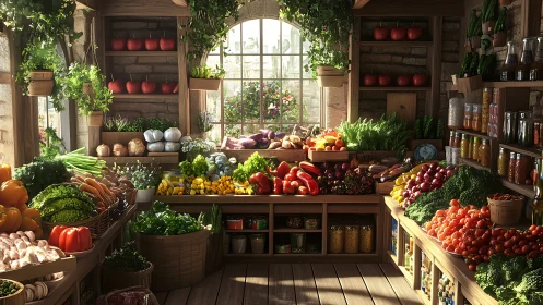 Digital painting of sunlit rustic market produce interior.