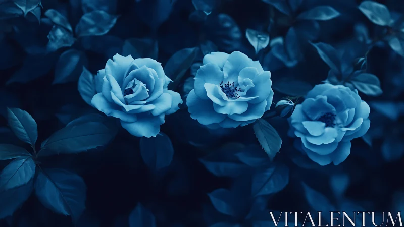 Blue roses in monochromatic garden setting with foliage.