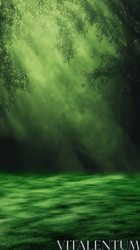 Volumetric forest light scattering across textured grass field.