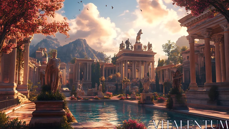 Sunlit marble pantheon dozes beside a crystalline garden pool