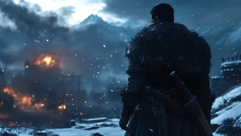 Lone warrior surveys a burning fortress in frozen dusk.