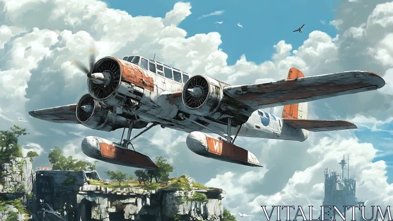 Weathered seaplane drifts through cloud-walled skyways.