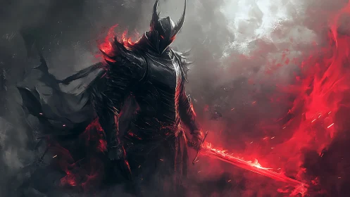 Infernal black knight with flaming red sword in storm haze