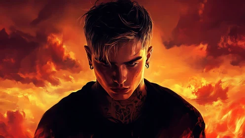 Brooding tattooed figure against intense fiery sky backdrop.
