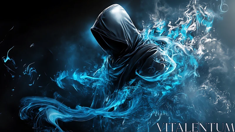 Hooded spectral figure dissolves into dynamic blue energy plumes