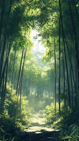 Bamboo forest corridor with filtered sunlight and mist.