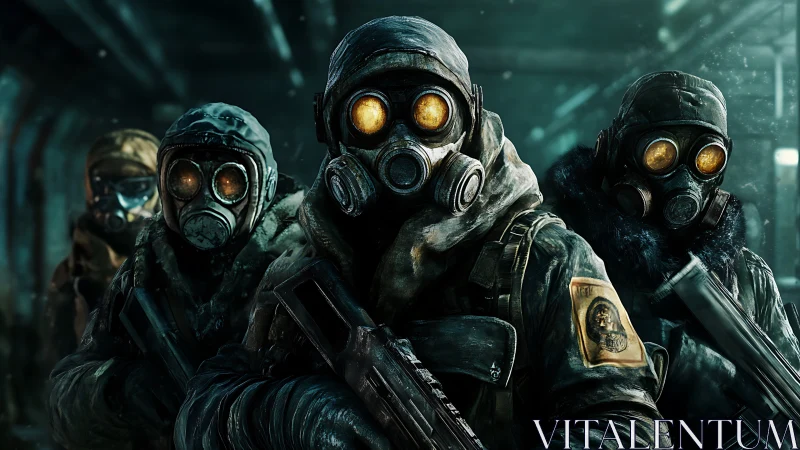 Post-apocalyptic gasmask strike team in frozen tunnel environment.