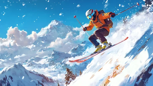 High-altitude freeride skier captured mid-air on steep powder slope