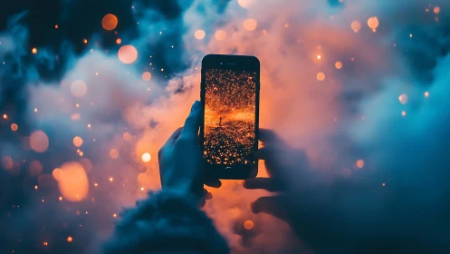 Phone captures glowing particles within dense neon fog