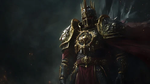Armored warlord in ornate black and gold battle regalia.