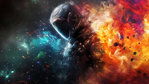 Astronaut profile engulfed in bifurcated cosmic plasma field.