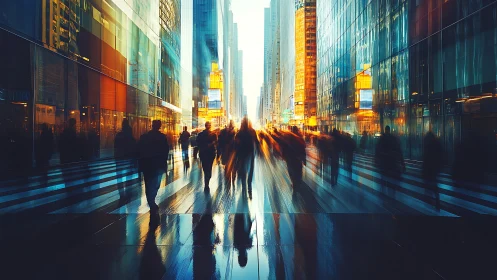 Blurred pedestrians in reflective glass high rise cityscape.