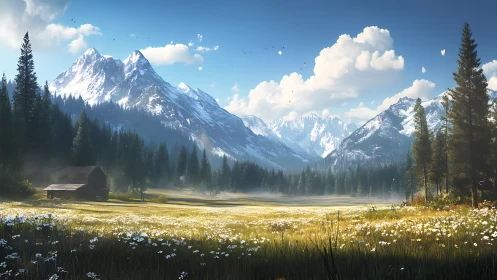 Sunlit alpine meadow opens to towering snow-capped peaks