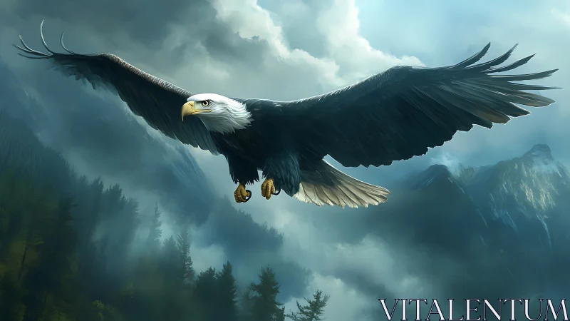 Majestic Bald Eagle Soaring Over Misty Mountain Forest, Realistic Art.