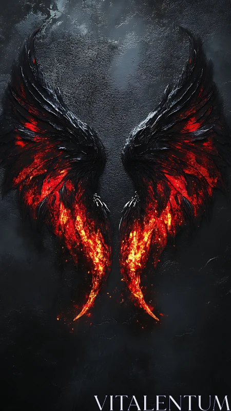 Fiery black wings burning against dark textured background.