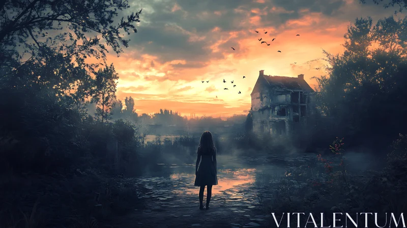 Girl faces ruined house across misty dusk river. Period.