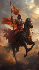 Armored horseman carrying banner in smoky battlefield scene.