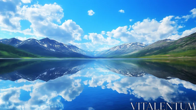 Mirror-still alpine lake reflects bright clouds and peaks