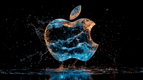 Water splash logo shaped as stylized apple silhouette.