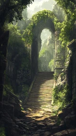 Overgrown stone stairway rising beneath ruined ivy arch.