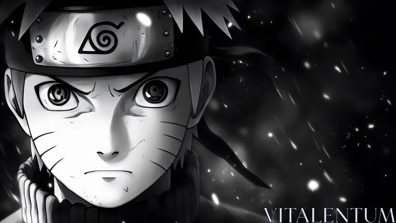 Intense shinobi portrait in stark monochrome stormlight.